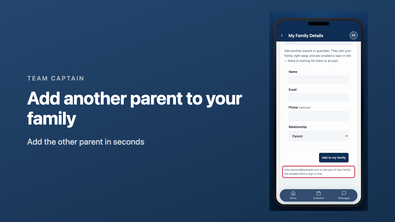 The family page in the app with Add to my family pressed and the message that mike.stevens@example.com is now part of the family and was emailed a sign-in link