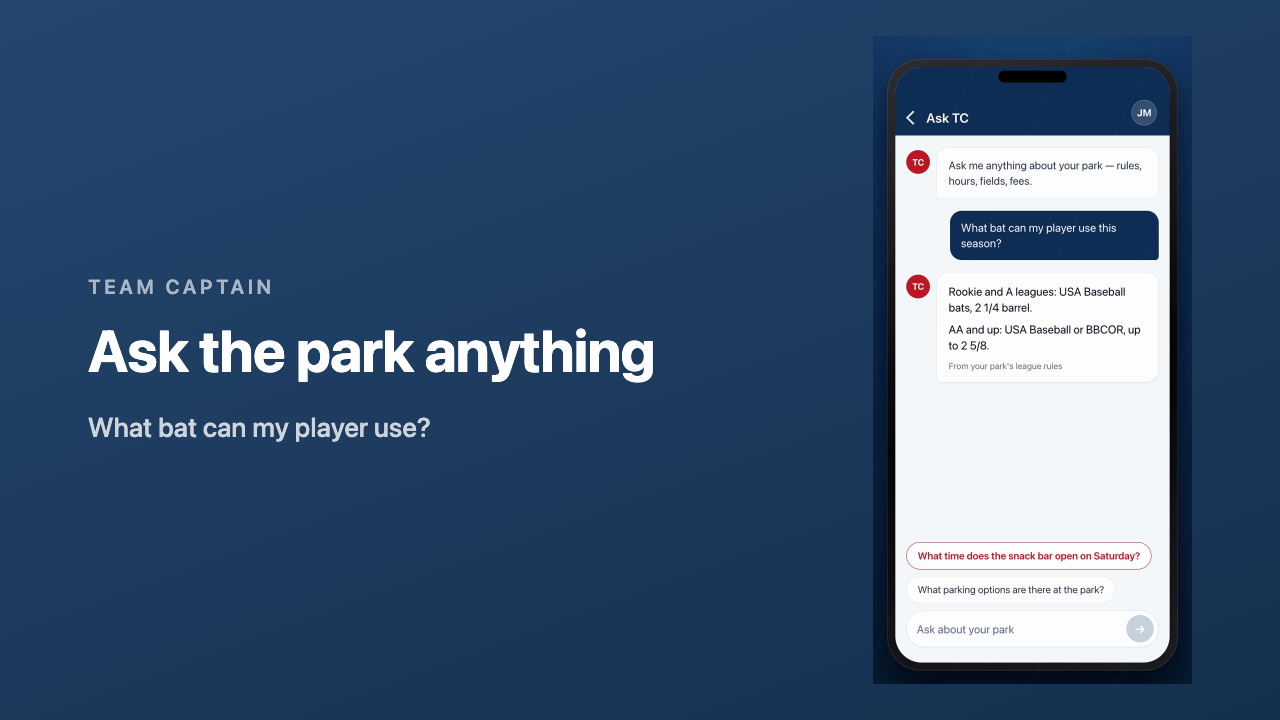 The Team Captain app answering a parent's bat question with the park's own league rules