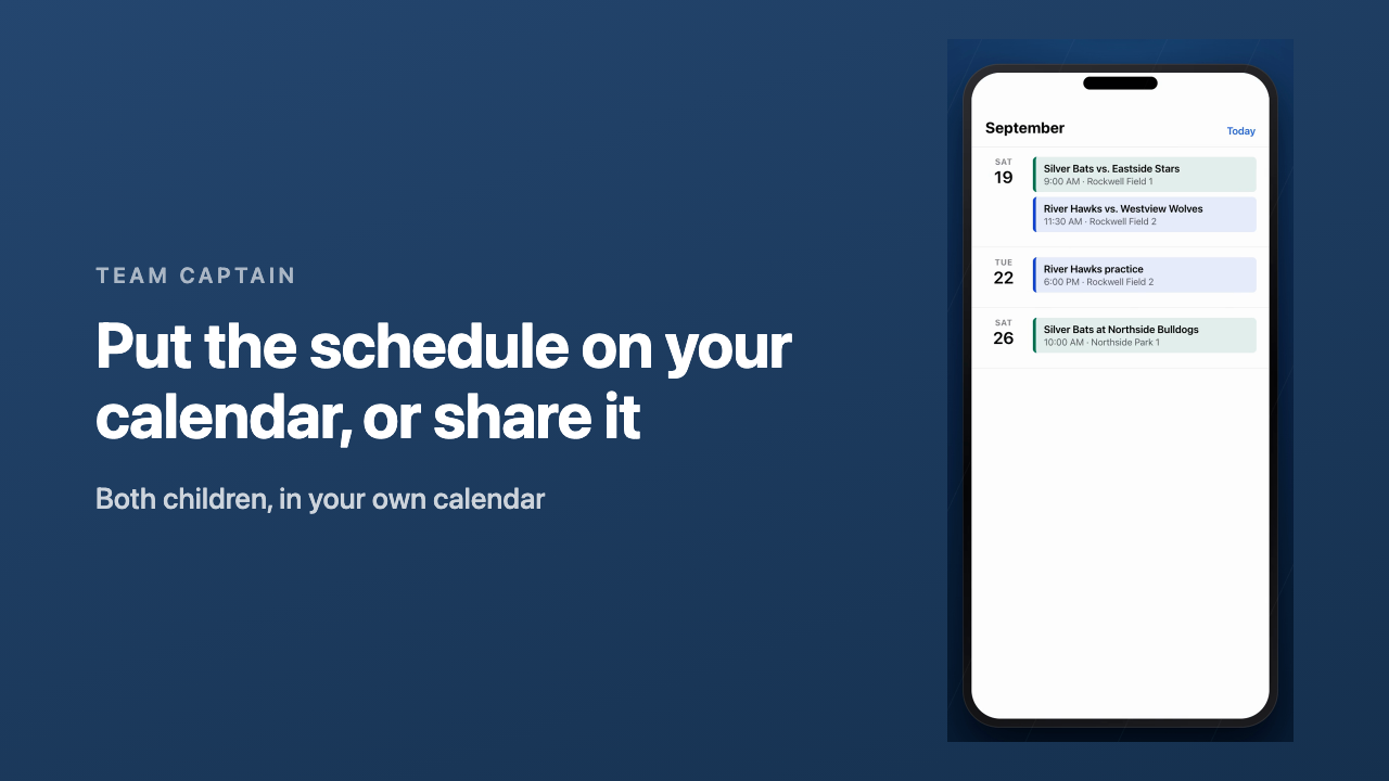 A phone calendar filled with both children's games from the Team Captain feed