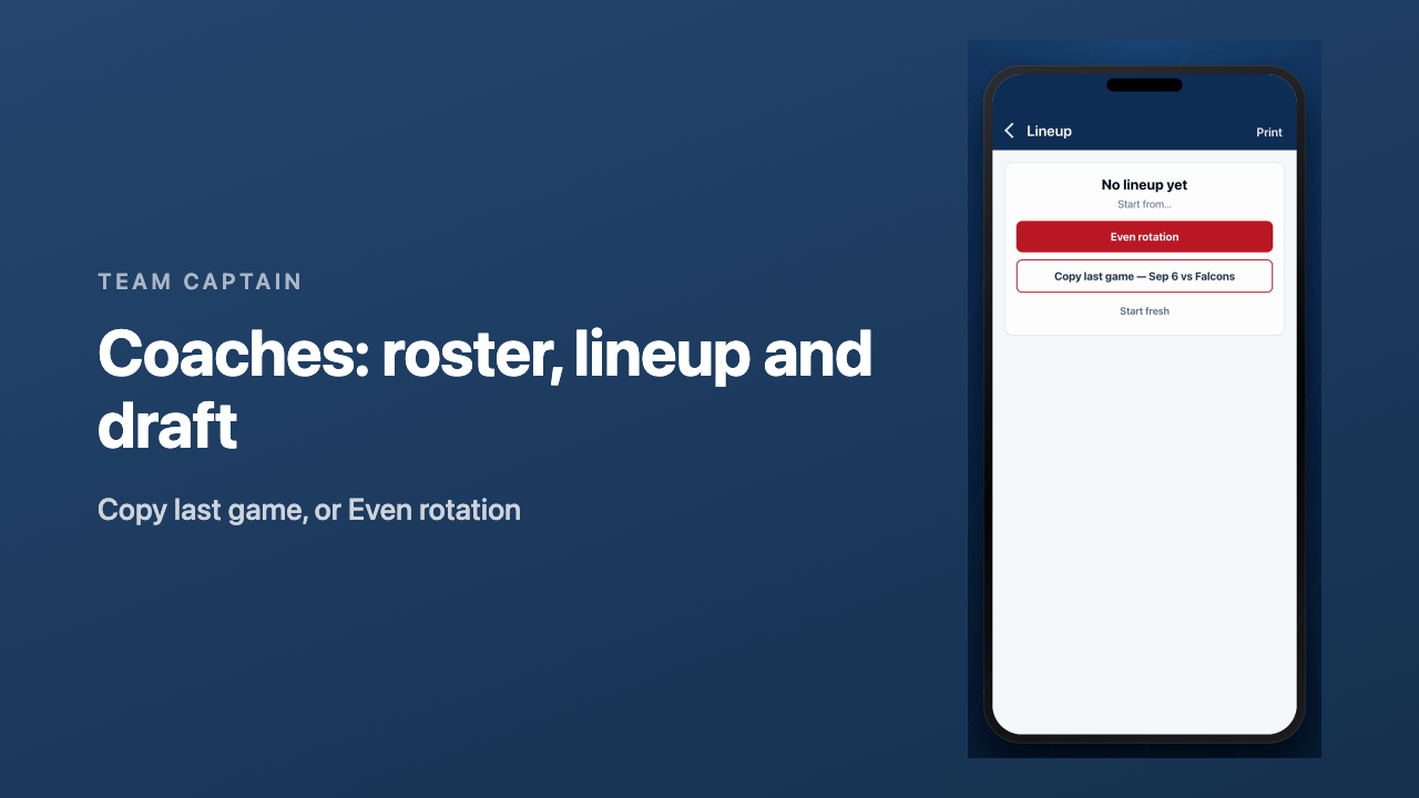 A game's lineup screen offering Even rotation and Copy last game side by side