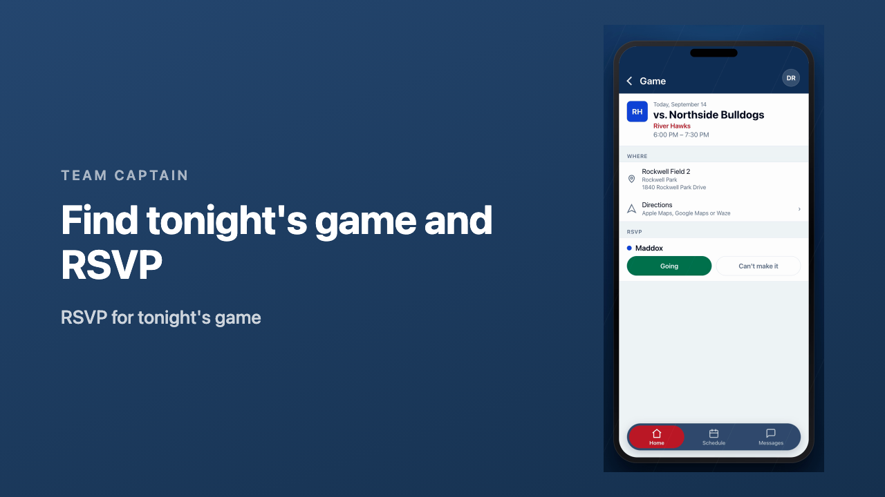 The Team Captain app showing tonight's game with RSVP marked Going