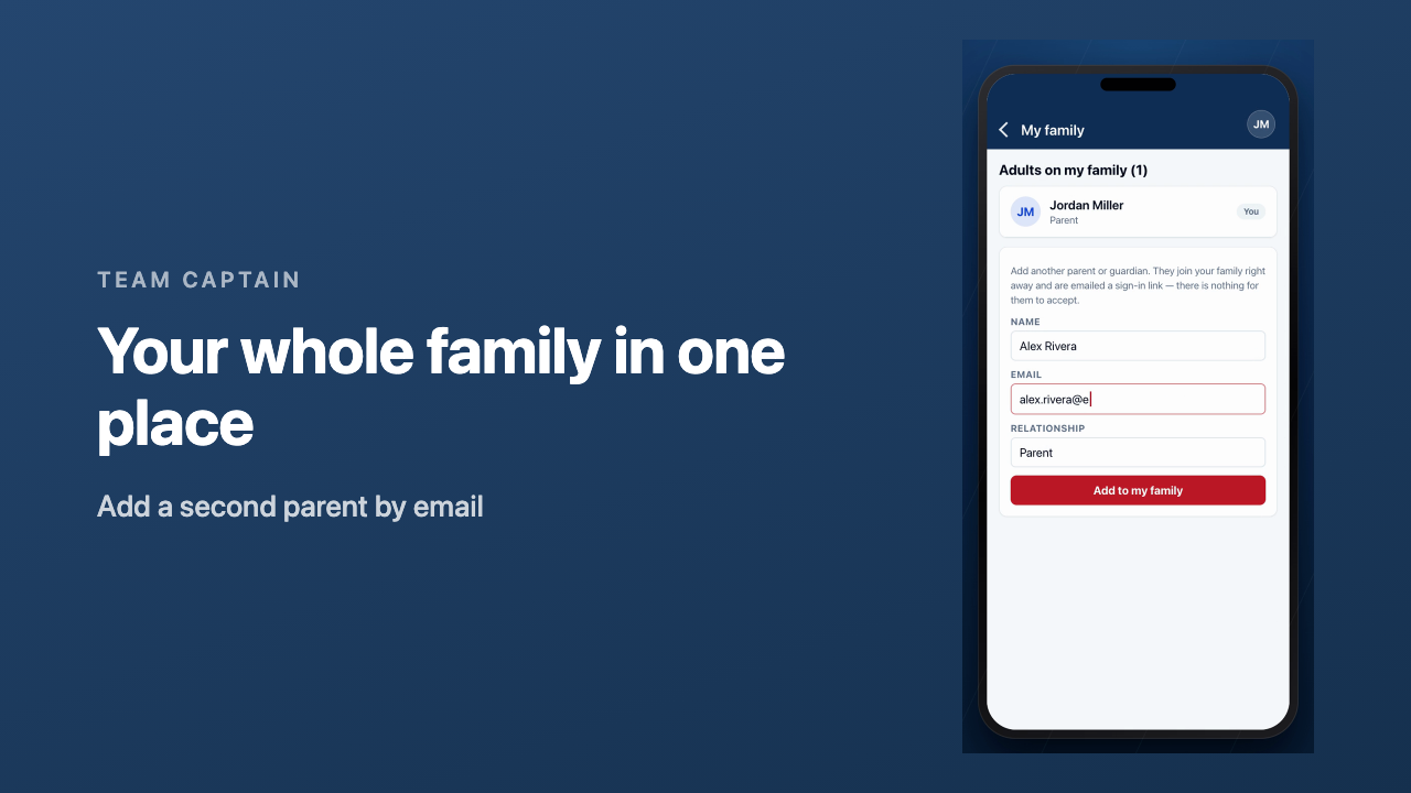 The Adults on my family form with a second parent's email being typed and Add to my family below it